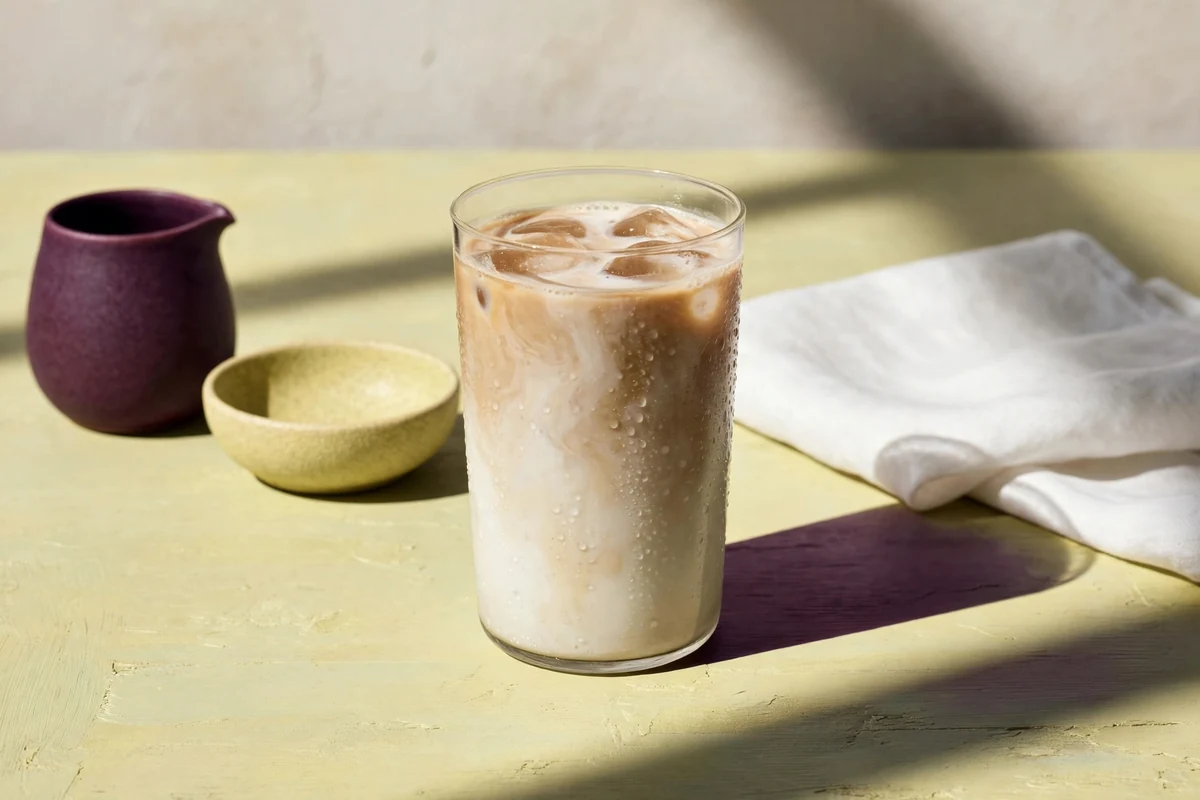 A milk coffee in a clear glass