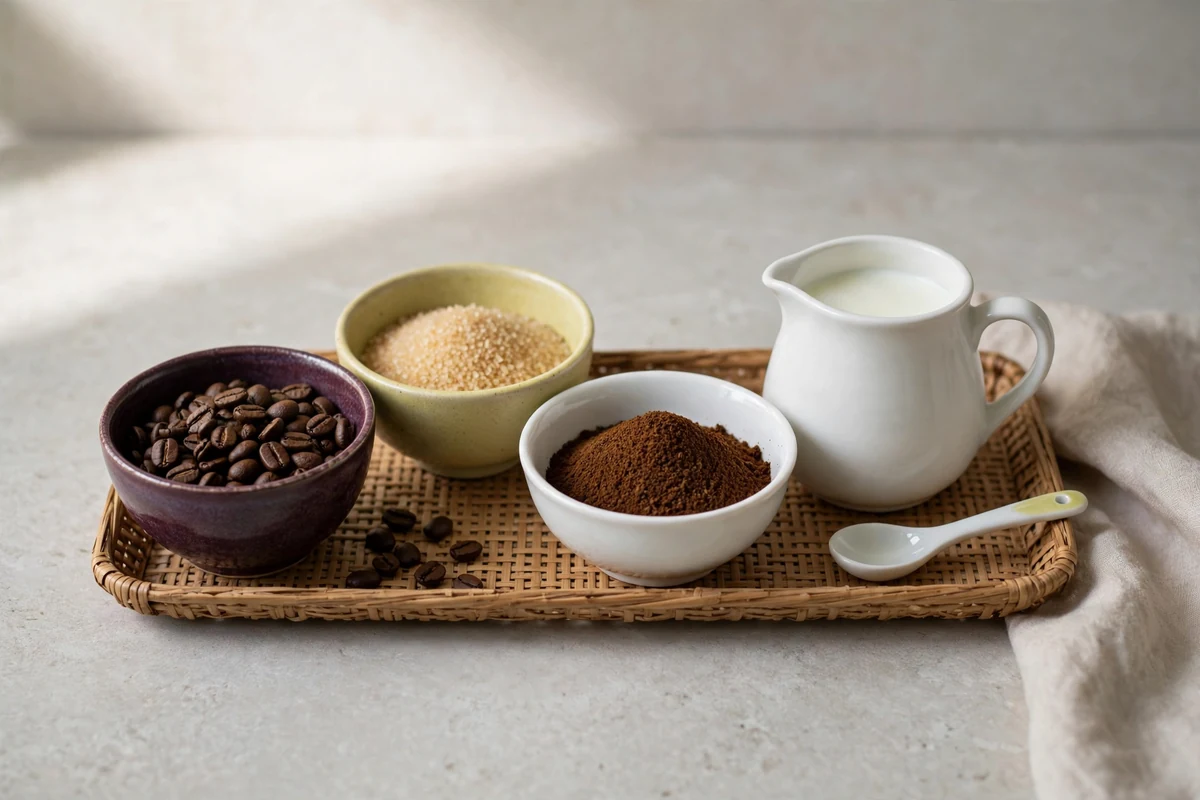 Coffee ingredients organized on a counter