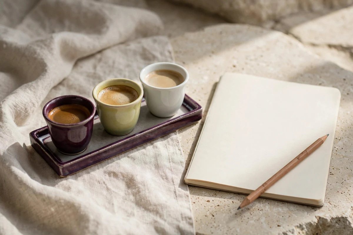 A coffee tray beside a notebook and pencil