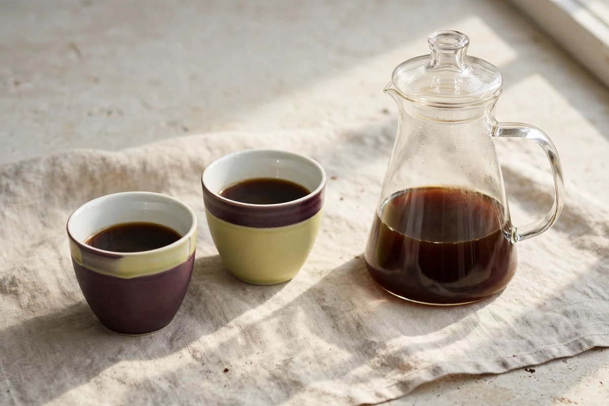 Two cups and a carafe in morning light
