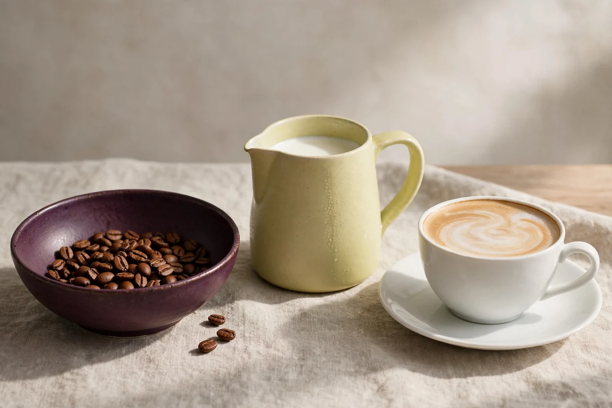 A latte with its ingredients arranged separately