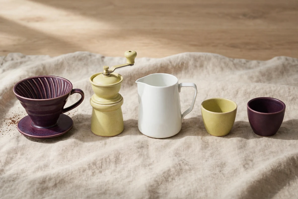 A neat line of coffee preparation tools